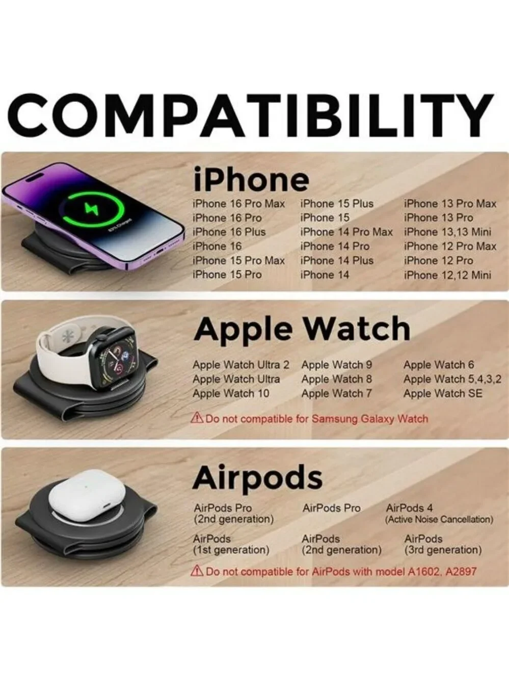 3 in 1 Wireless Charging Station for iPhone Apple Watch Airpods Travel Dock